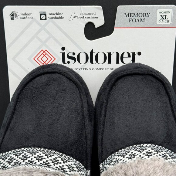 Isotoner Womens Memory Foam Slippers XL 9.5-10 Black Gray Faux Fur Collar - Picture 3 of 5